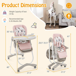Multifunctional Folding Baby High Chair with Rolling Wheels and Adjustable Height-Pink view 4