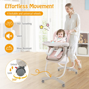 Multifunctional Folding Baby High Chair with Rolling Wheels and Adjustable Height-Pink view 9