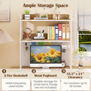 Multipurpose 2-Tier Desktop Bookshelf with Pegboard for up to 32 Inch Computer Monitor-Natural view 8