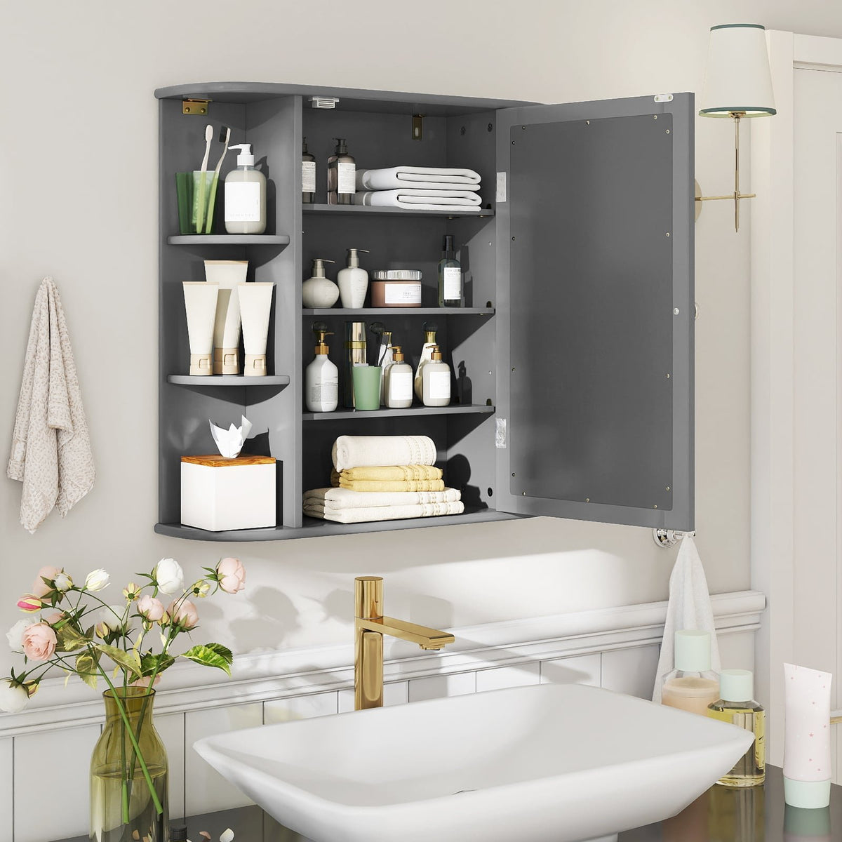 Multipurpose Mount Wall Surface Bathroom Storage Cabinet with Mirror-Gray view 2