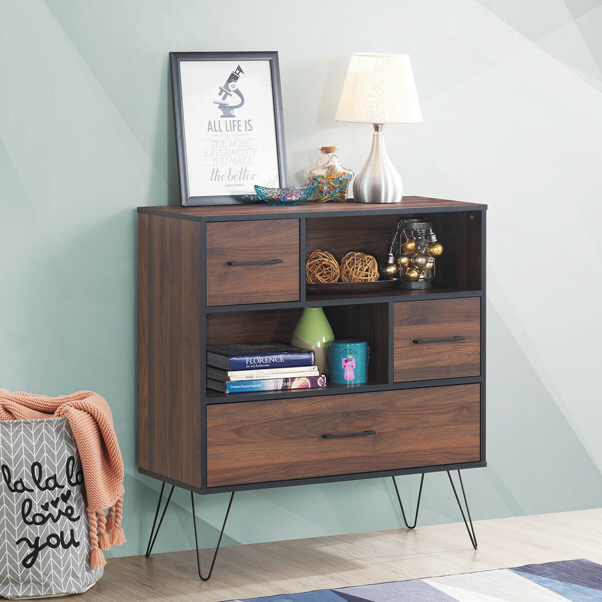 3-Tier Wood Storage Cabinet with Drawers and 4 Metal Legs view 2