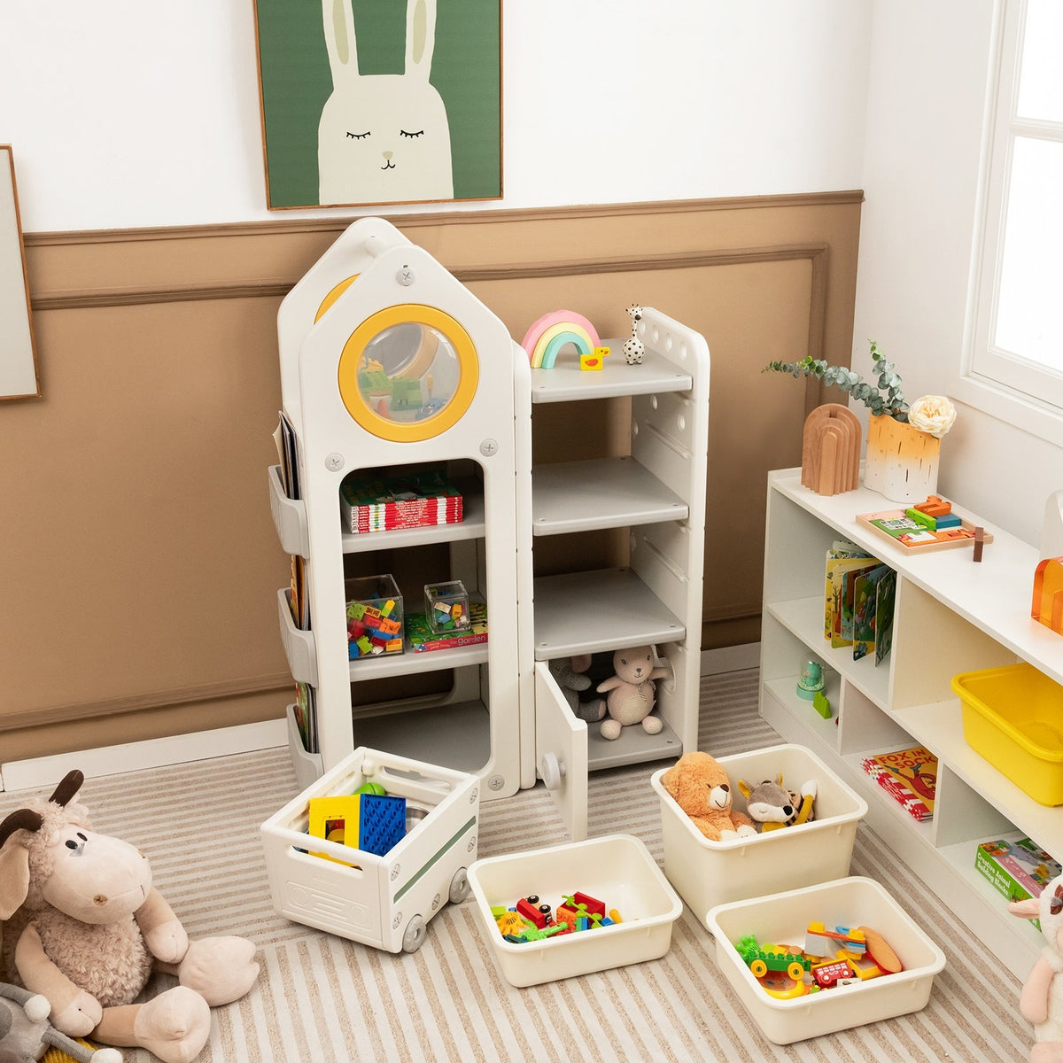 Multipurpose Toy Chest and Bookshelf with Mobile Trolley-Gray view 2