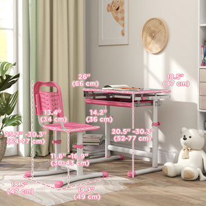 Qaba Height Adjustable Study Table and Chair Set with Drawer, Pen Slot, Tiltable Desktop, Hook