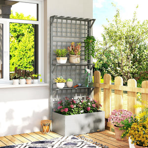 Wooden Raised Garden Bed with Trellis and Roof, Elevated Planter Box with 2 Shelves, Drainage Hole and Liner, Grey