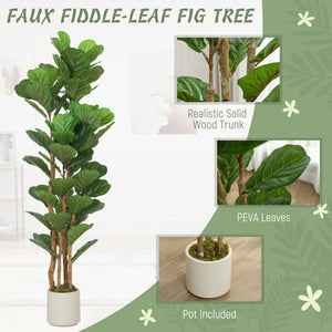 5FT Artificial Fiddle Leaf Fig Tree Set of 2, Fake Potted Tree with Solid Wood Trunks for Indoor Decor, Green
