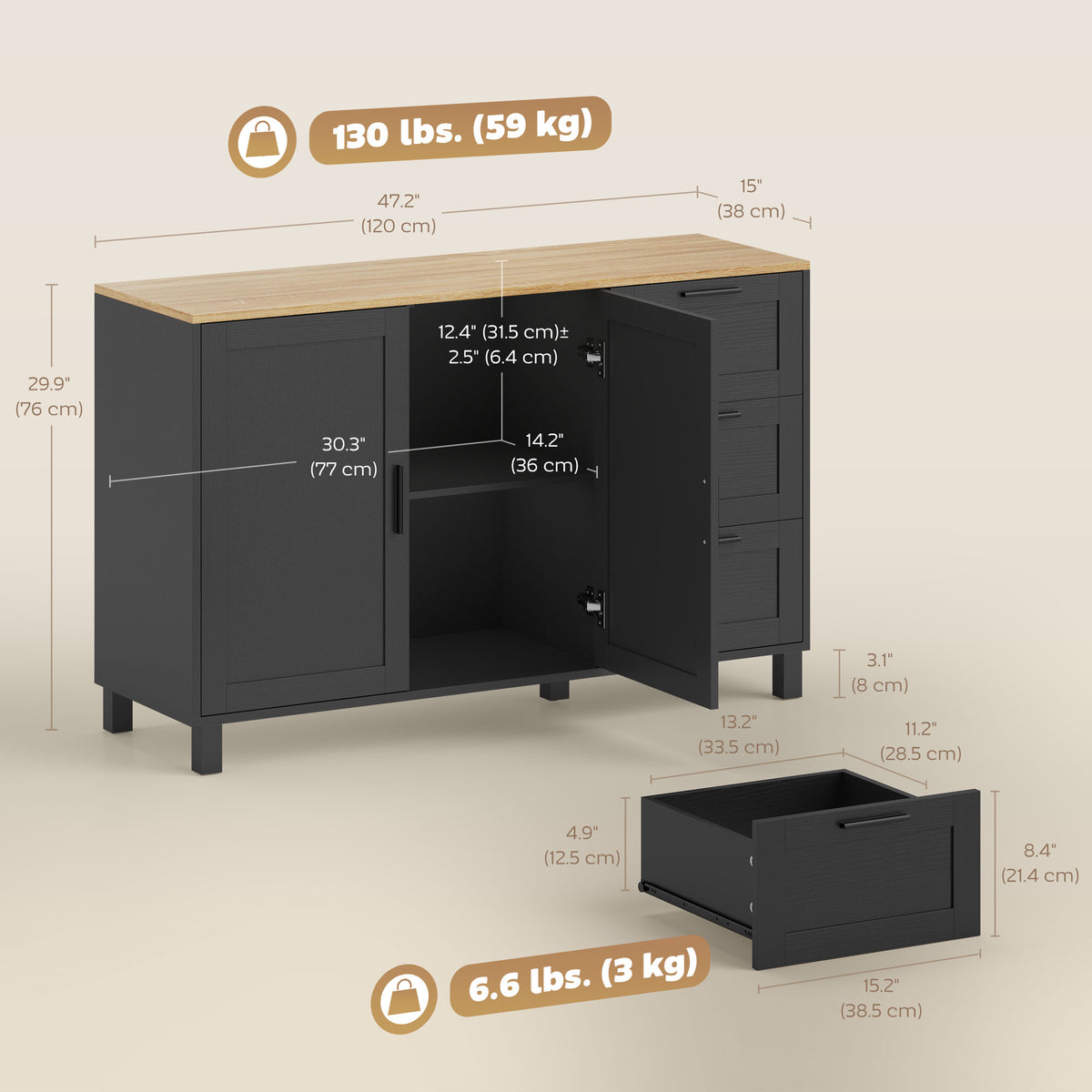 Buffet Cabinet with Soft-Close Doors, Modern Sideboard with 3 Drawers for Living Room, Kitchen – view 2