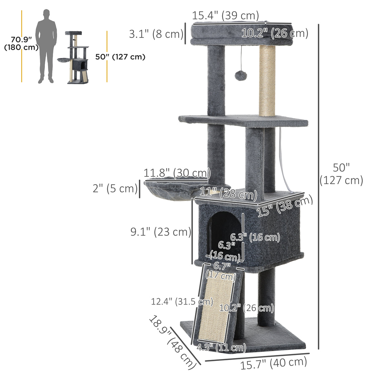 50Â Inch Cat Tree, Multi-Level Cat Tower with Sisal Scratching Posts and Ramp, Bed, Condo, Hammock, Toy Ball, Grey