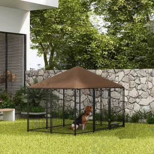 4.6' x 4.6' x 5' Outdoor Dog Kennel with Canopy, Rotating Bowls, Coffee – view 14