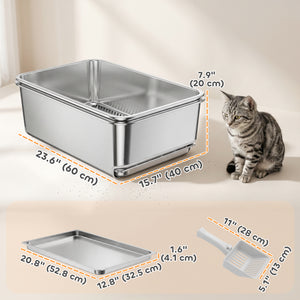 Stainless Steel Litter Box, XL Sifting Cat Litter Box for Medium and Large Cat, Non-Sticky, Odour Free, Easy Clean