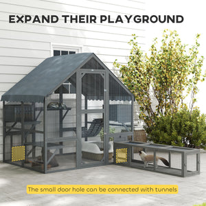 Large Catio Outdoor with Waterproof Cover, 2 Resting Boxes, 4 Platforms, Bridge, for 2-4 Kittens, Grey