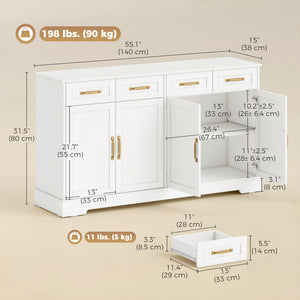 Sideboard Buffet Cabinet, 55" Modern Farmhouse Kitchen Storage Cabinet with 4 Drawers, 4 Doors and 2 Adjustable Shelves