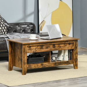 Lift Top Coffee Table with Hidden Storage Compartment and Open Shelves, Lift Tabletop Pop-Up Center Table for Living Room, Dark Walnut