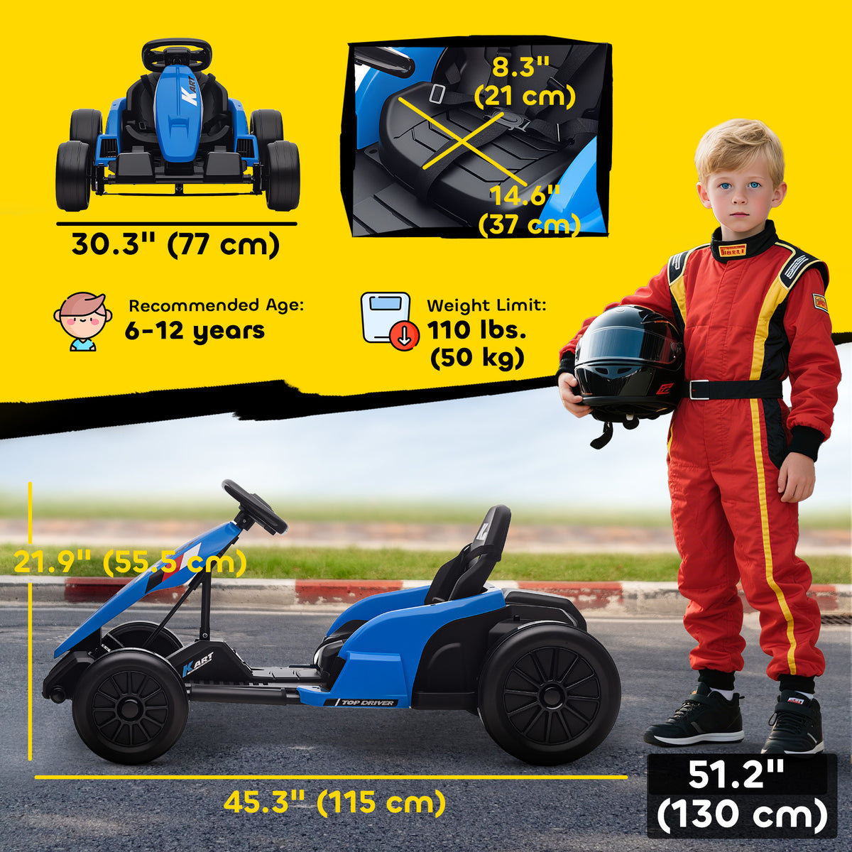 Qaba 24V Electric Go Kart with Dual 150W Motors, Adjustable Seat & 11.2MPH High Speed, Slow Start, 5-Point Harness
