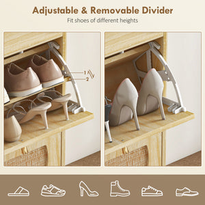 4 Flip-Drawer Shoe Cabinet, Shoe Storage Cabinet with Rattan Doors and Adjustable Shelves, Holds 16 Pairs, Natural