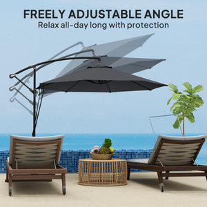 9.5' Cantilever Umbrella with Wind Protection Strap and Cover, Hanging Umbrella with Crank and Cross Base, UPF 50+, Grey