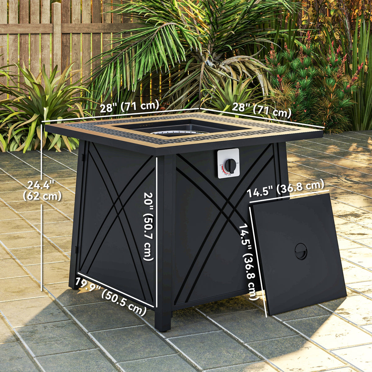 28" Propane Fire Pit Table 40,000 BTU Square Outdoor Gas Fire Table with Waterproof Cover, Adjustable Foot Pads