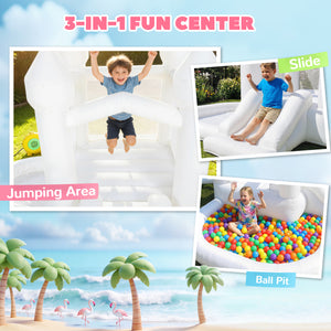 Qaba Inflatable Bouncy Castle for Kids, 3-in-1 White Bounce House with Slide, Ball Pit and 370W Blower, White