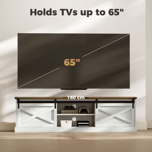 TV Stand for TVs up to 65 Inch, Entertainment Center with Shelves, Cabinets, Sliding Barn Doors, Thick Top, White