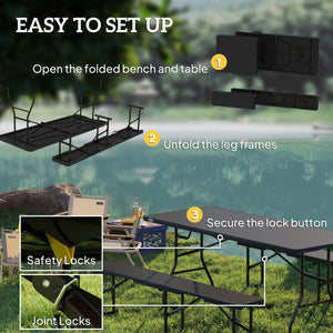 6FT 3PCS Faux Rattan Outdoor Camping Table Bench Set with Carrying Handles, Folding Picnic Table with 2 Benches, Black