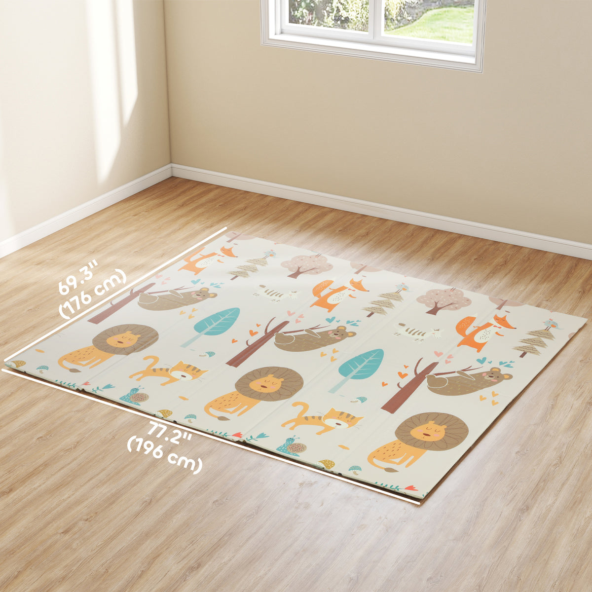 Qaba Foldable Baby Plat Mat, 77" x 69" Kids Floor Mat for Crawling and Learning, Girl & Animal Theme