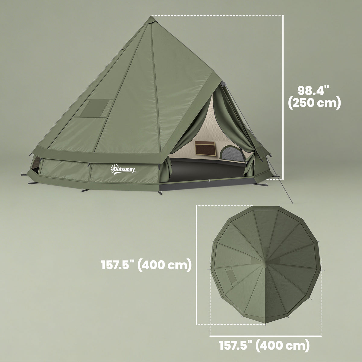 Teepee Tent Waterproof Camping Tent with Stove Jack for 4-6 Person Outdoor Camping Hiking Army Green