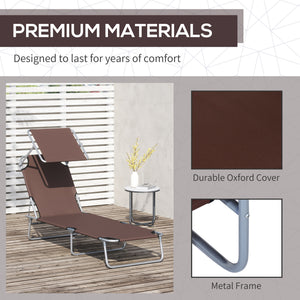 Outdoor Lounge Chair, Adjustable Folding Chaise Lounge, Tanning Chair with Sun Shade for Beach, Camping, Hiking, Backyard, Brown