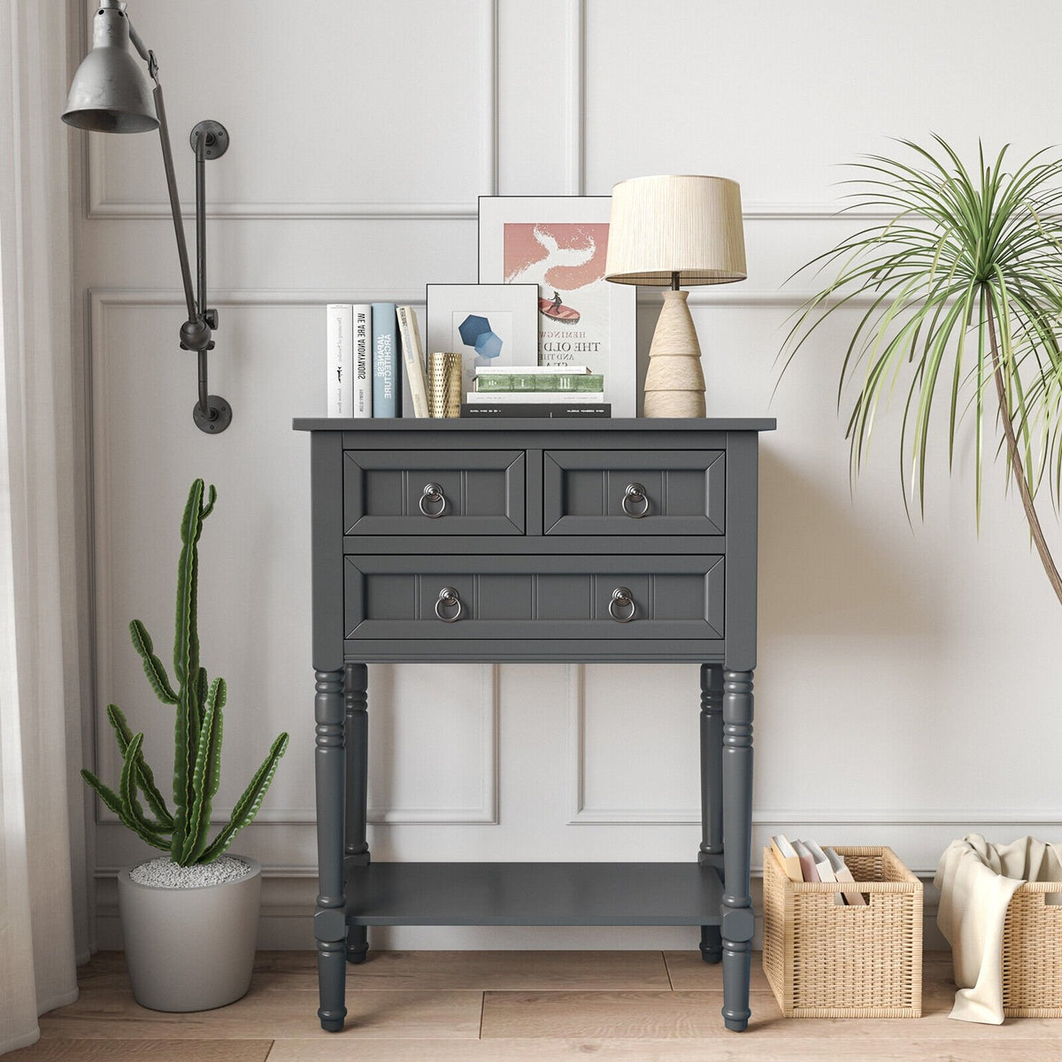 Narrow Console Table with 3 Storage Drawers and Open Bottom Shelf view 2