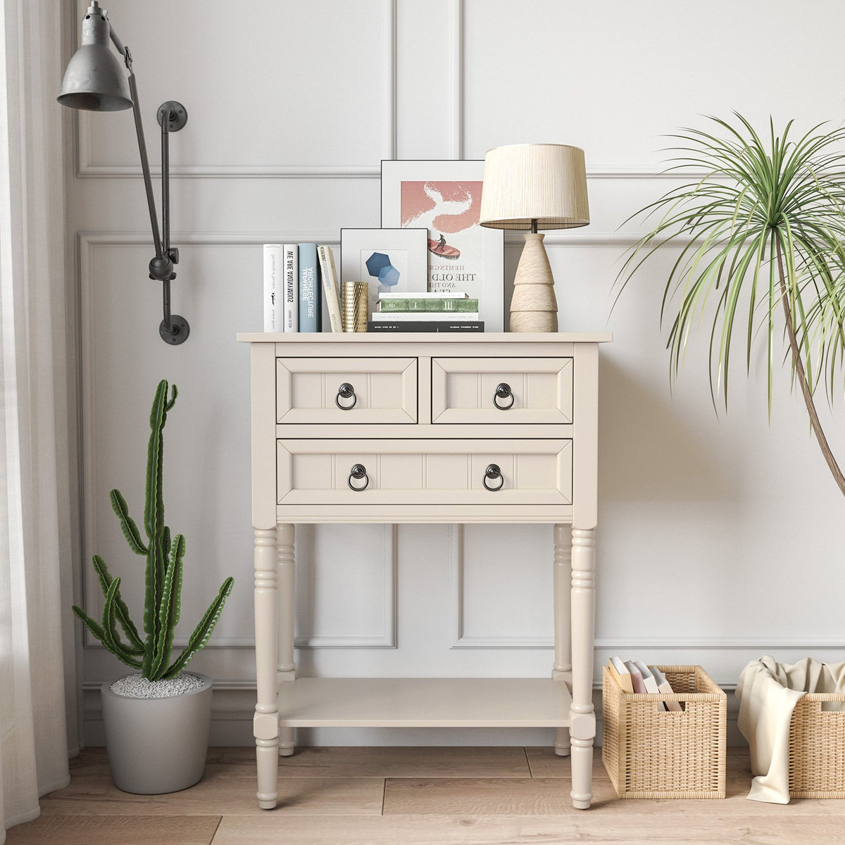 Narrow Console Table with 3 Storage Drawers and Open Bottom Shelf-Beige view 2