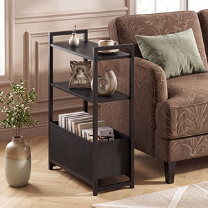 Narrow End Table with Storage Shelves and Metal Frame-Black view 3