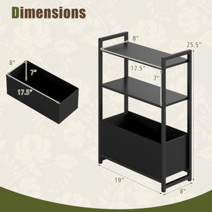 Narrow End Table with Storage Shelves and Metal Frame-Black view 5