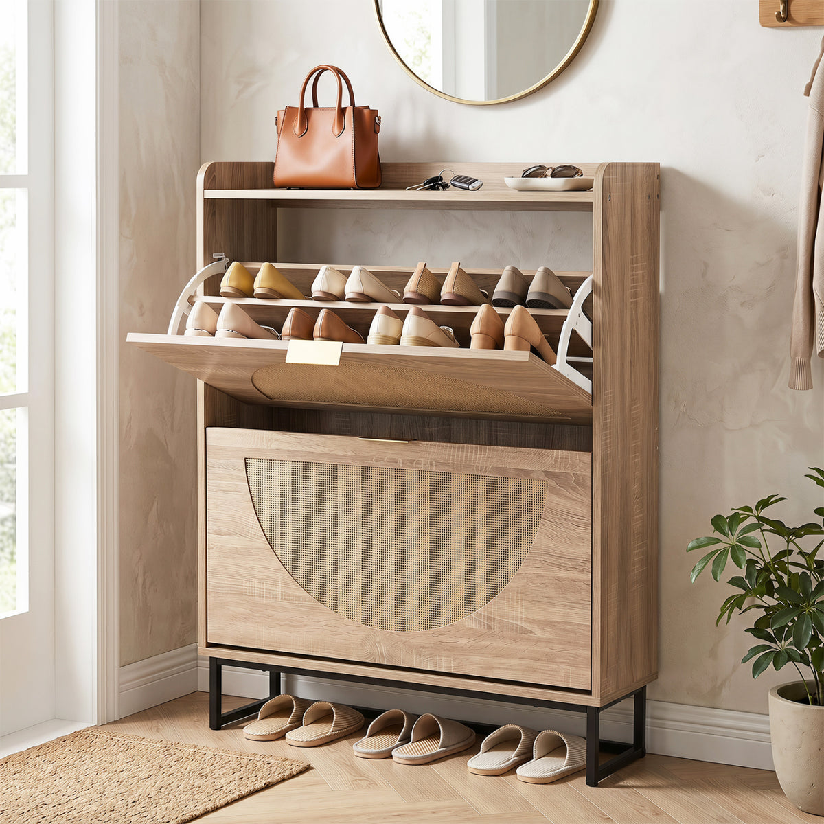 Narrow Shoe Storage Cabinet with 2 Flip Drawers and Adjustable Shelves-Natural view 2