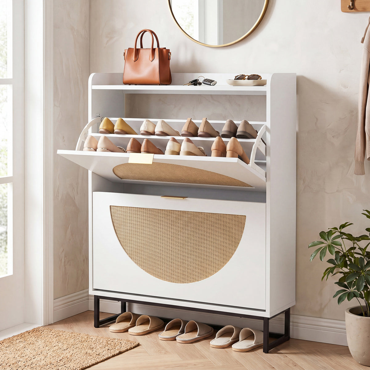 Narrow Shoe Storage Cabinet with 2 Flip Drawers and Adjustable Shelves-White view 2