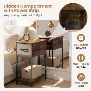 Narrow Side Table with Charging Station and LED Lights Industrial End Table-Brown view 7