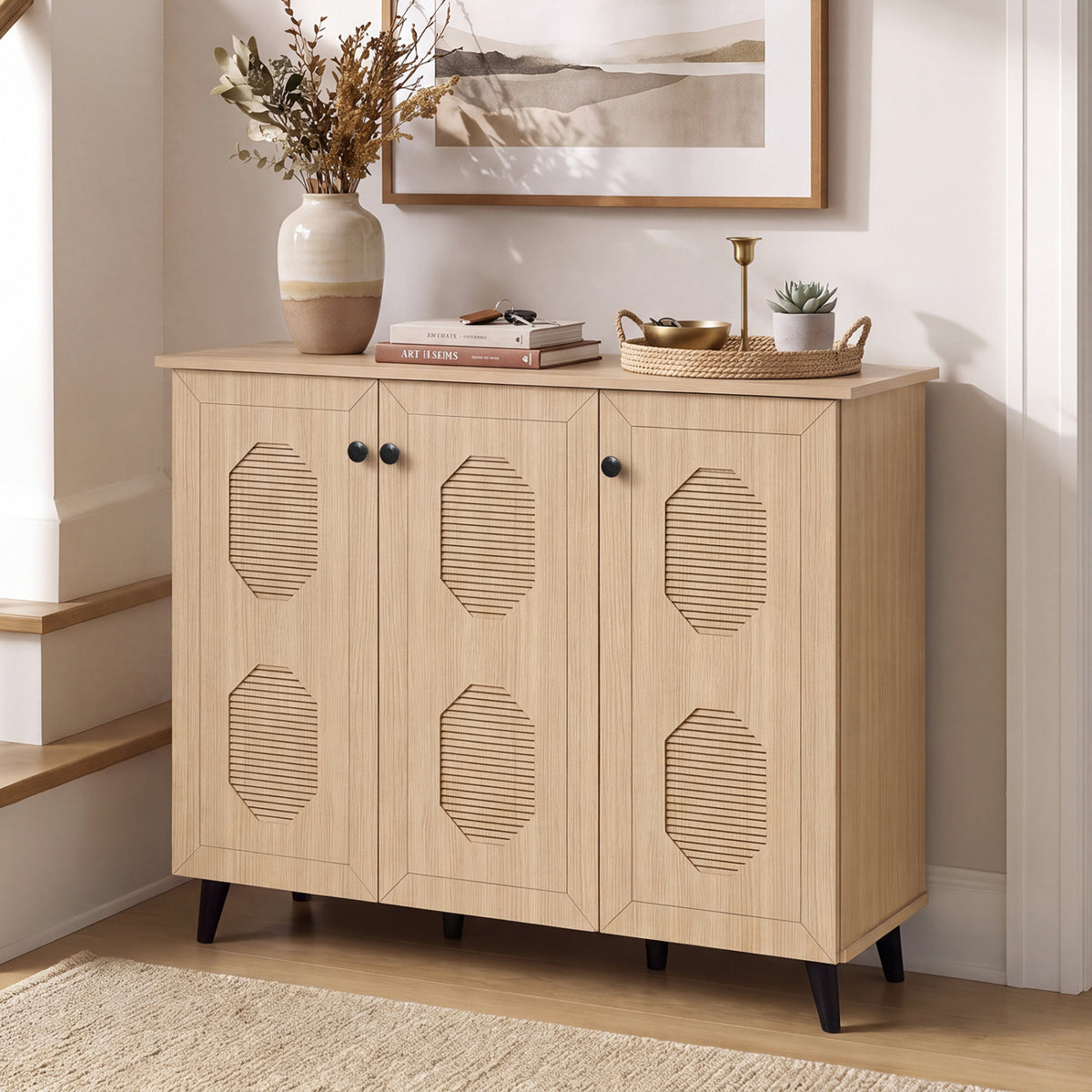 Natural Shoe Cabinet with 3 Doors Freestanding Closed Footwear Storage Unit for Entryway Hallway-Natural view 2