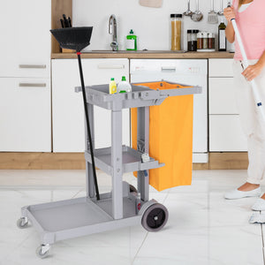 Janitorial Cart with 3 Shelves, Cleaning Cart on Wheels with Rubbish Bag and Mop Holders for Hotel – view 7