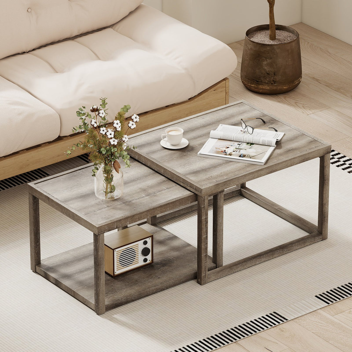 Nesting Coffee Table Set of 2 Stackable Rectangular End Tables-Gray view 2