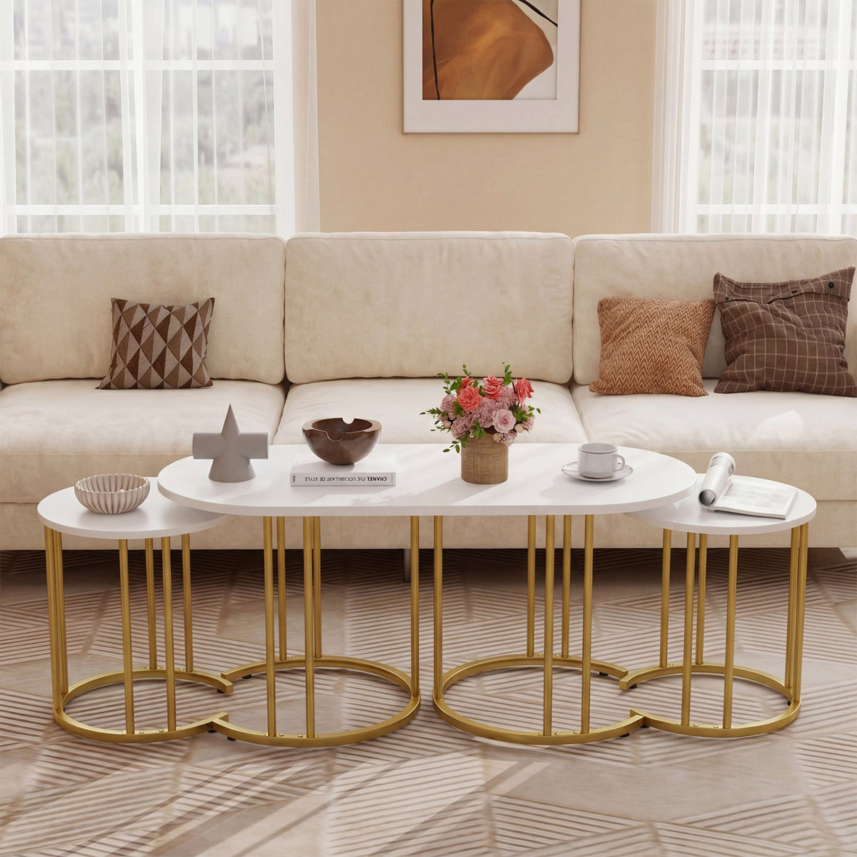 Nesting Coffee Table Set of 3 with Faux Marble Tabletop and Powder-coated Gold Metal Frame-White view 2