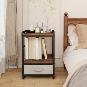 Nightstand Industrial Bedside Table with Open Storage Shelf and Fabric Drawer-Rustic Brown view 7
