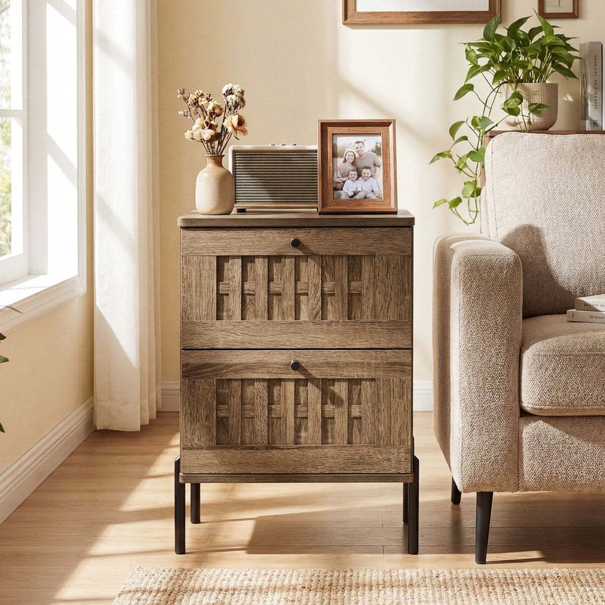 Nightstand Mid Century Modern End Table with Storage Drawers-Rustic Brown view 2