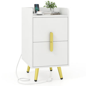 Nightstand Side Tables with 2 Drawers and 2 USB Ports-White