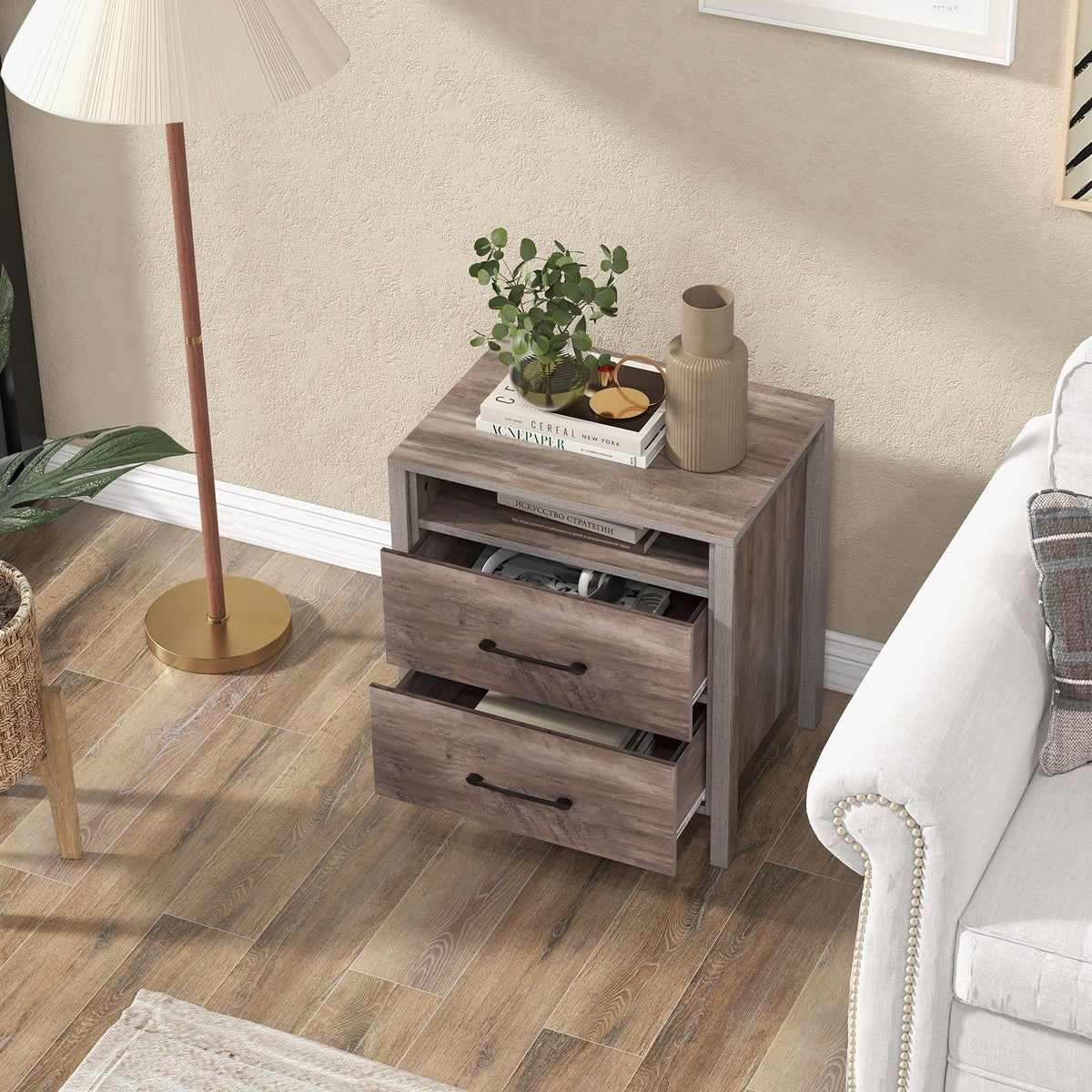 Nightstand with 2 Drawers Farmhouse Bed Side Table with Open Storage Shelf-Grey view 2