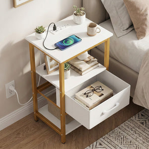 Nightstand with Charging Station and Adjustable Fabric Drawer for Bedroom and Living Room-1 Piece view 3