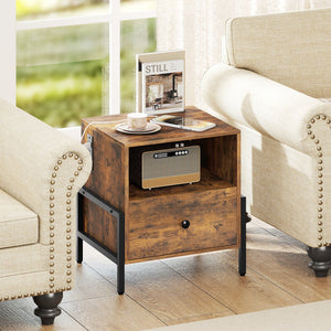 Nightstand with Charging Station and Drawer Sofa Side Table-Rustic Brown view 2