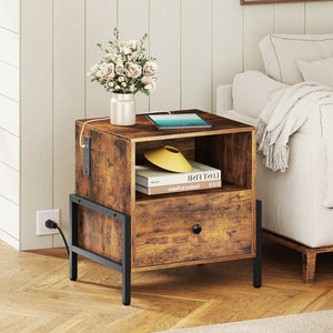 Nightstand with Charging Station and Drawer Sofa Side Table-Rustic Brown view 3