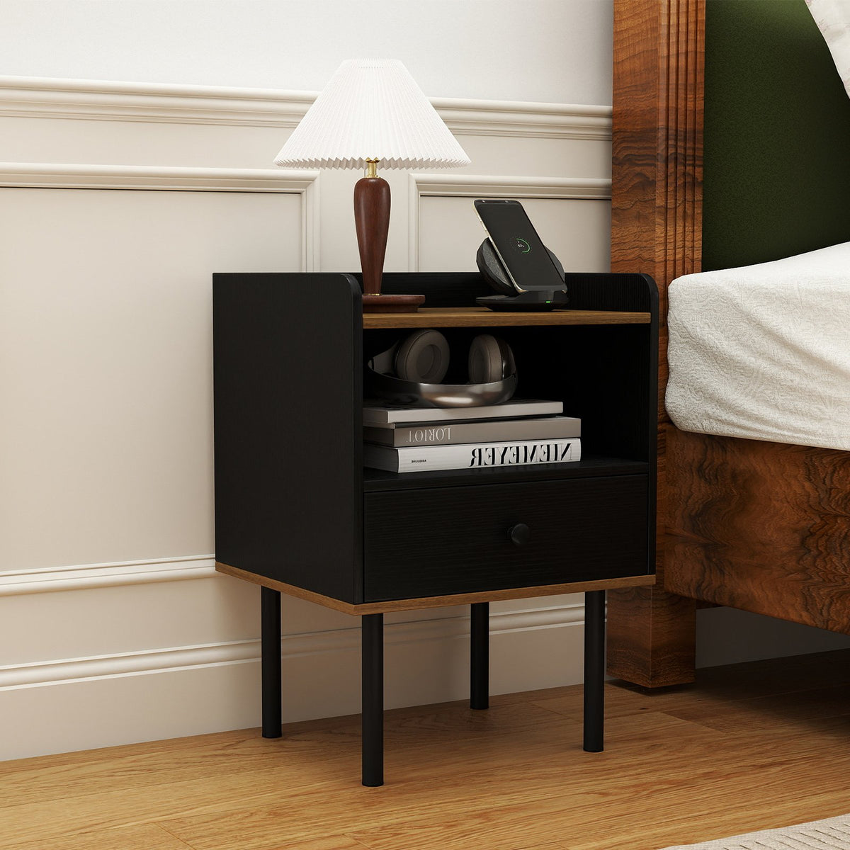 Nightstand with Drawer 3-Tier Sofa Side Table with Open Storage Shelf-Black view 2