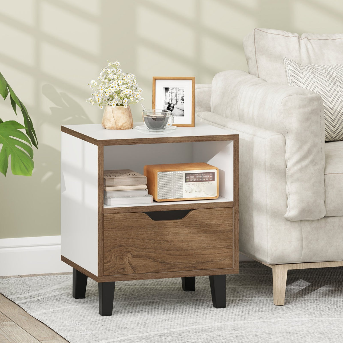 Nightstand with Drawer and Open Storage Shelf for Bedroom-White view 2