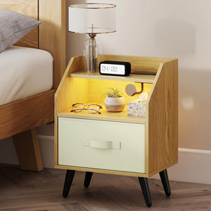 Nightstand with Power Outlets and Open Storage Shelf-Natrual view 3