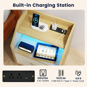 Nightstand with Power Outlets and Open Storage Shelf-Natrual view 8