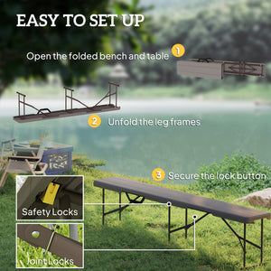 6 ft Plastic Bench Seat, 2 PC Portable Foldable Folding Bench with Carrying Handle for Picnic Camping, Distressed Brown