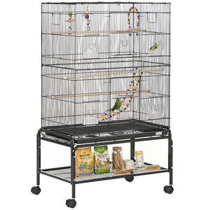 52" Bird Cage with Rolling Stand, Toys, for Budgies Canaries Black